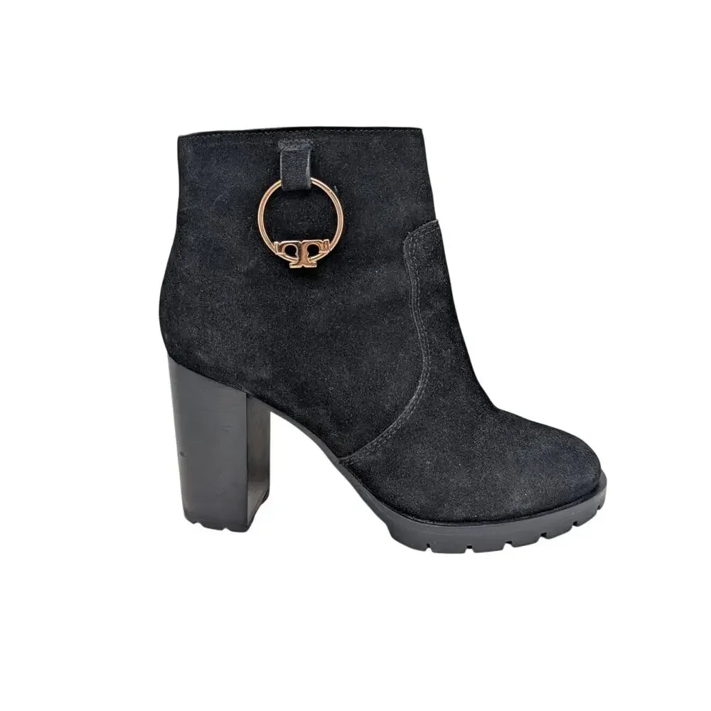 Tory Burch Sofia Black Suede Lug Sole Block Heel Ankle Boots 8.5